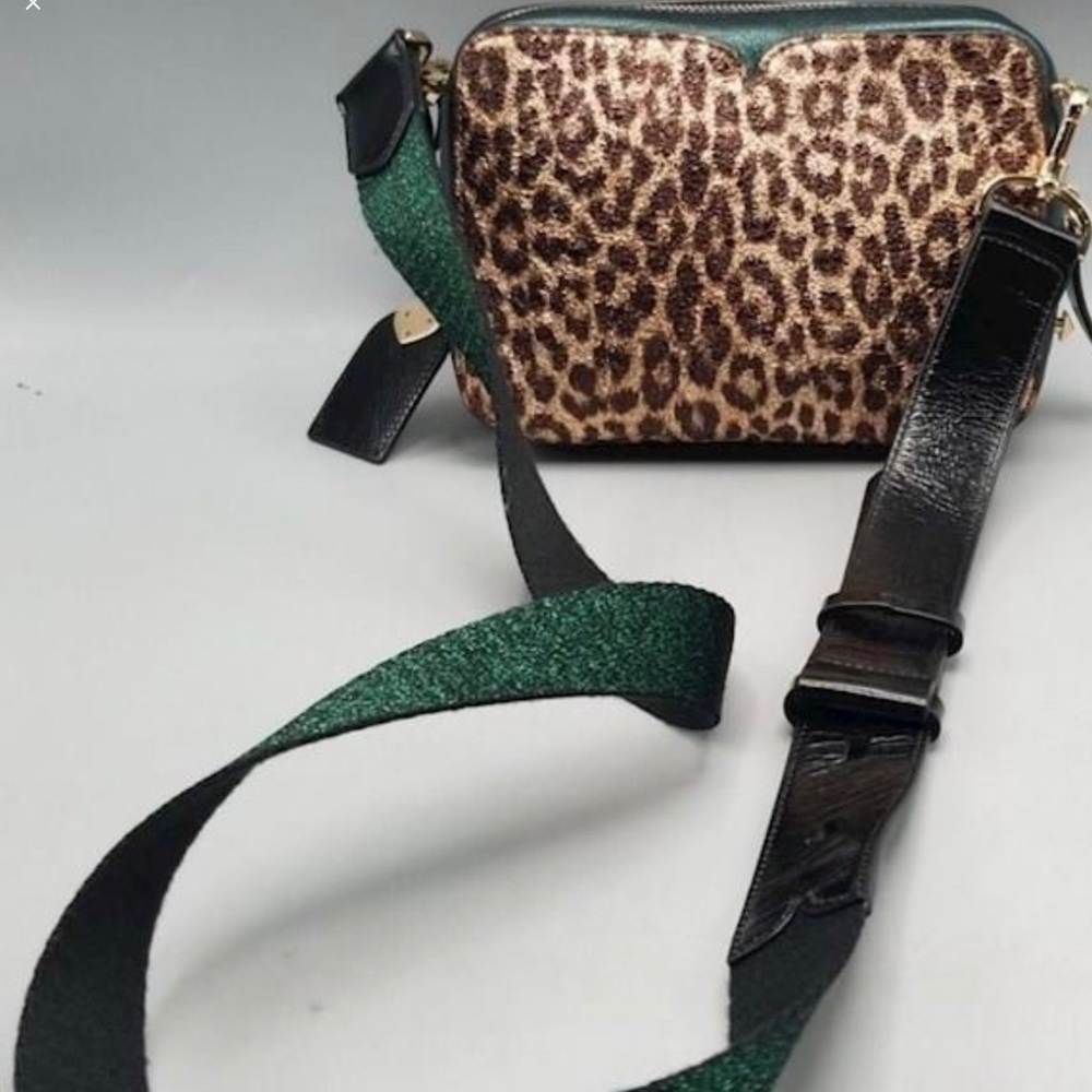 Kate Spade candid green metallic leopard camera bag